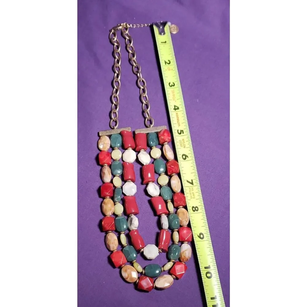 Dana Buchman Signed Three Layer Multicolored Necklace, Matte Yellow Gold Tone